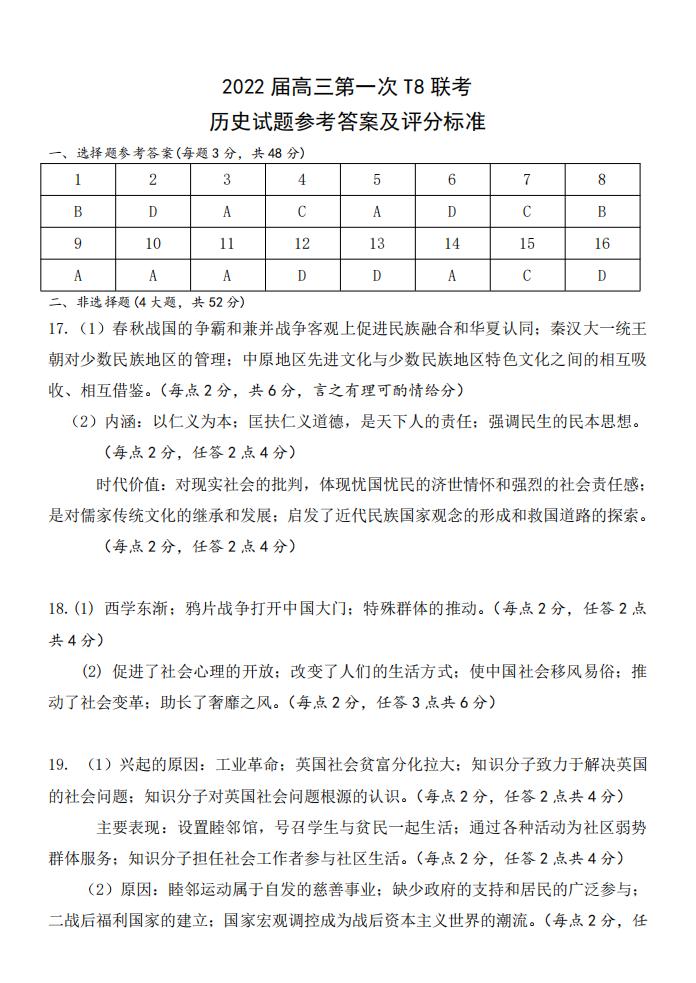 2022年八省联考(T8联考)历史试卷及答案第一页