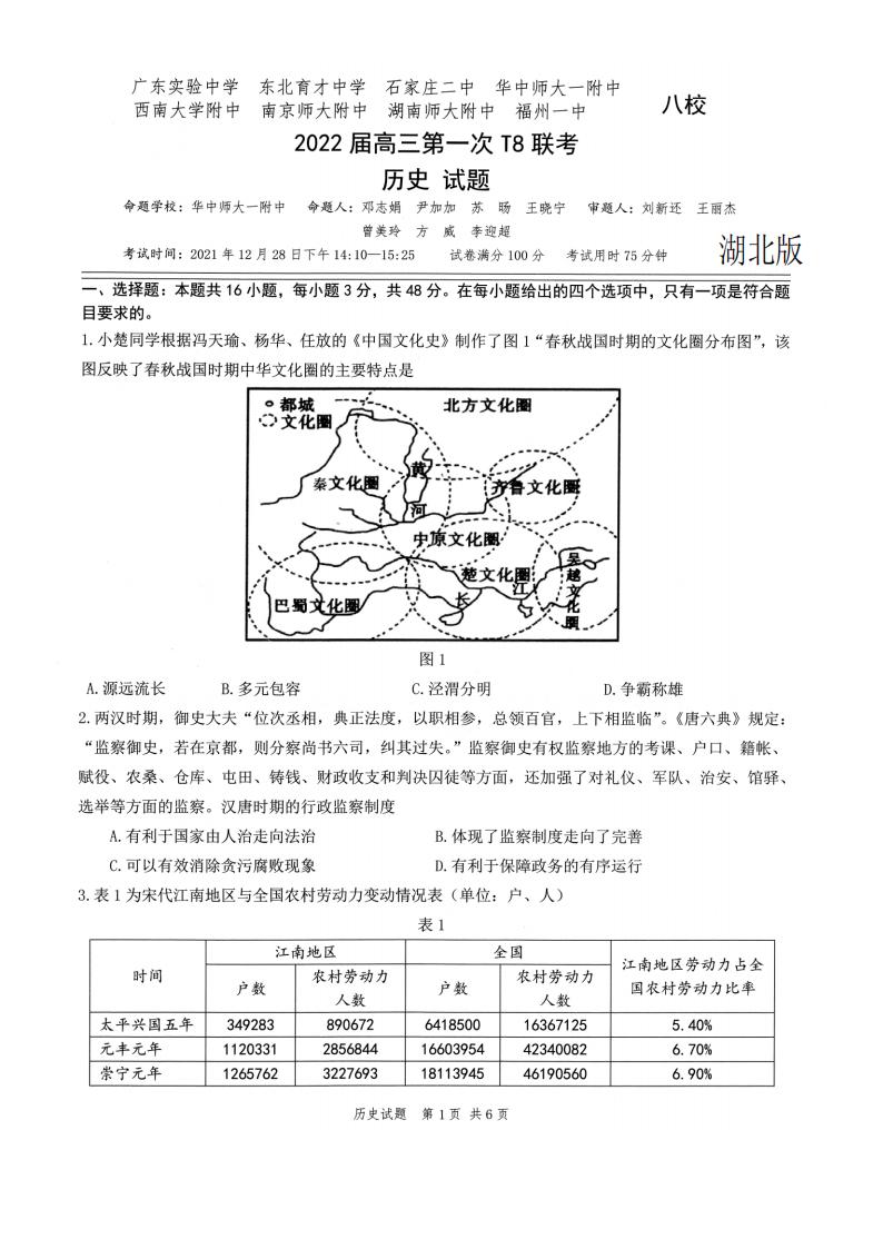 2022年八省联考历史试卷第1页