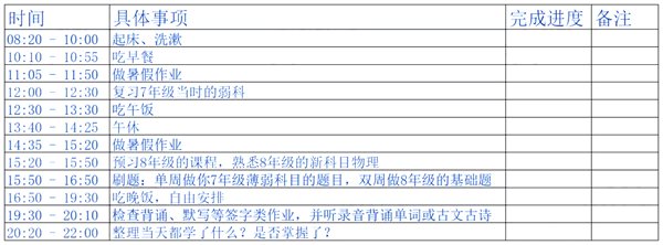 初中生暑假学习计划表,初中生暑假每日时间安排