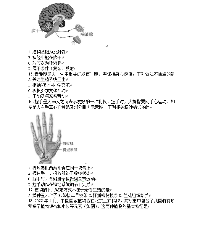 2023年北京市中考生物试卷真题及答案