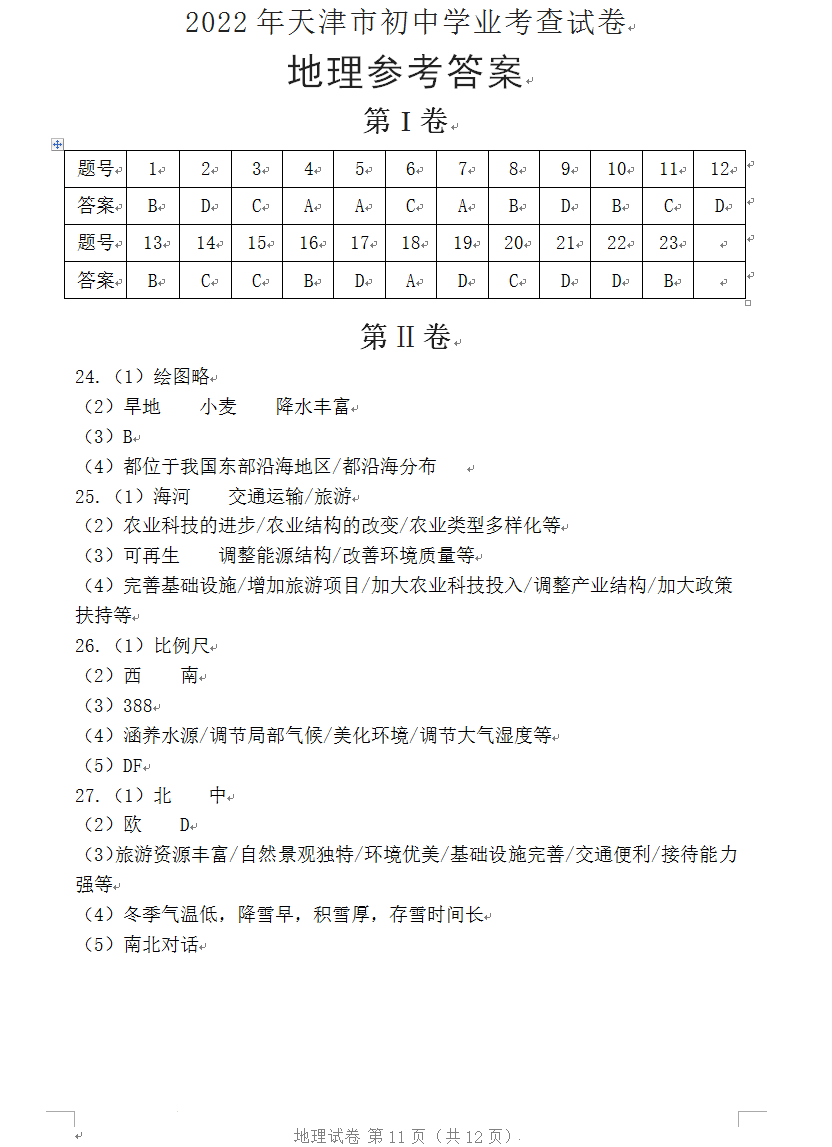 2023年天津市中考地理试卷真题及答案