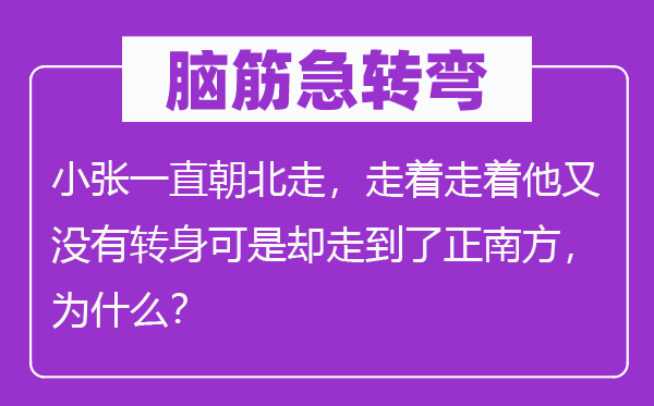 脑筋急转弯：小张一直朝北走，走着走着他又没有转身可是却走到了正南方，为什么？