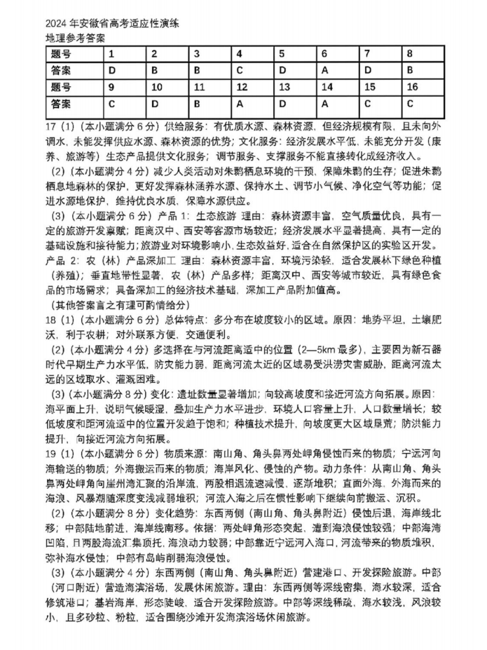 新高考2024九省联考地理试卷及答案解析