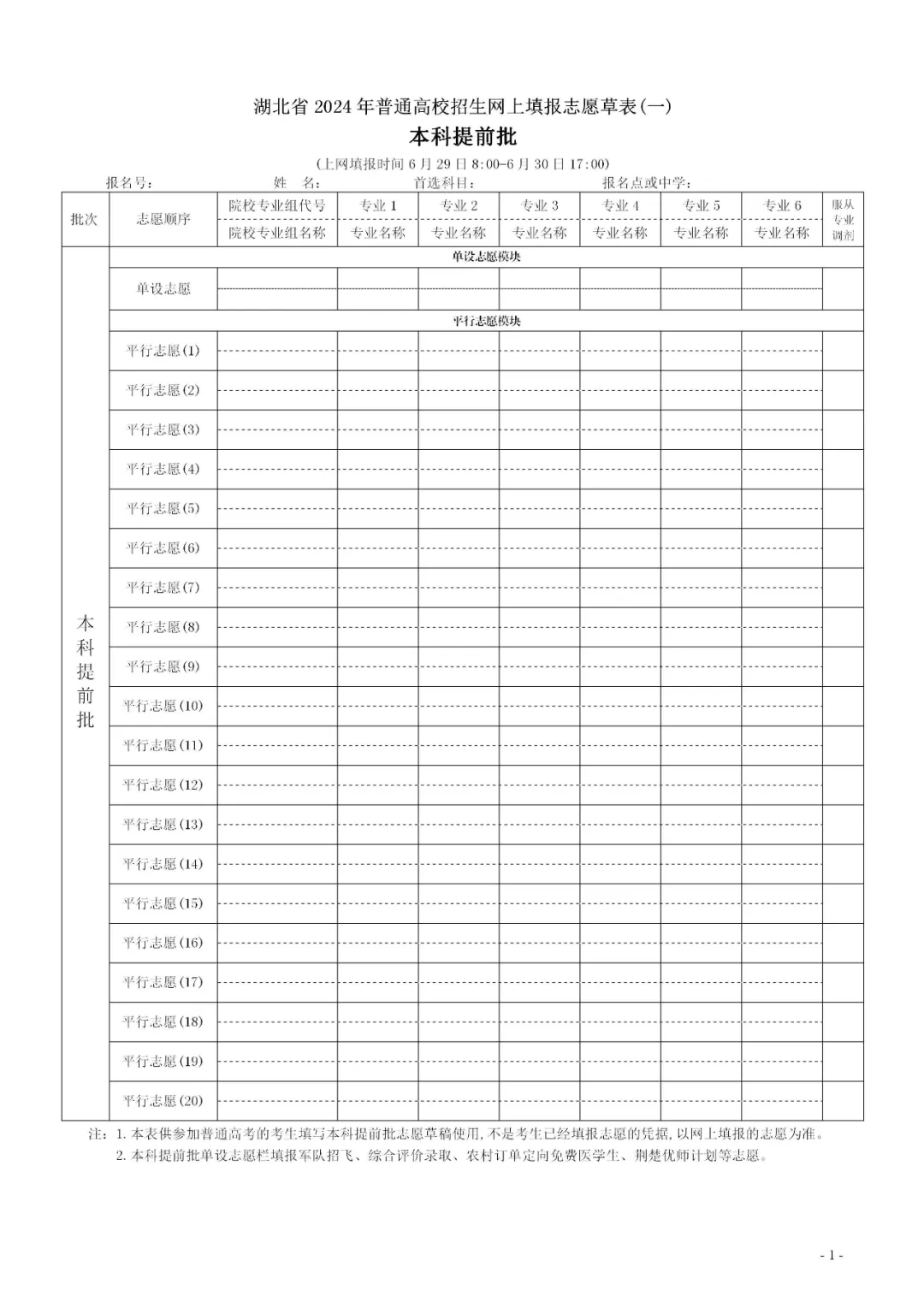 2024年湖北高考志愿表填写样本（附填报时间和入口）