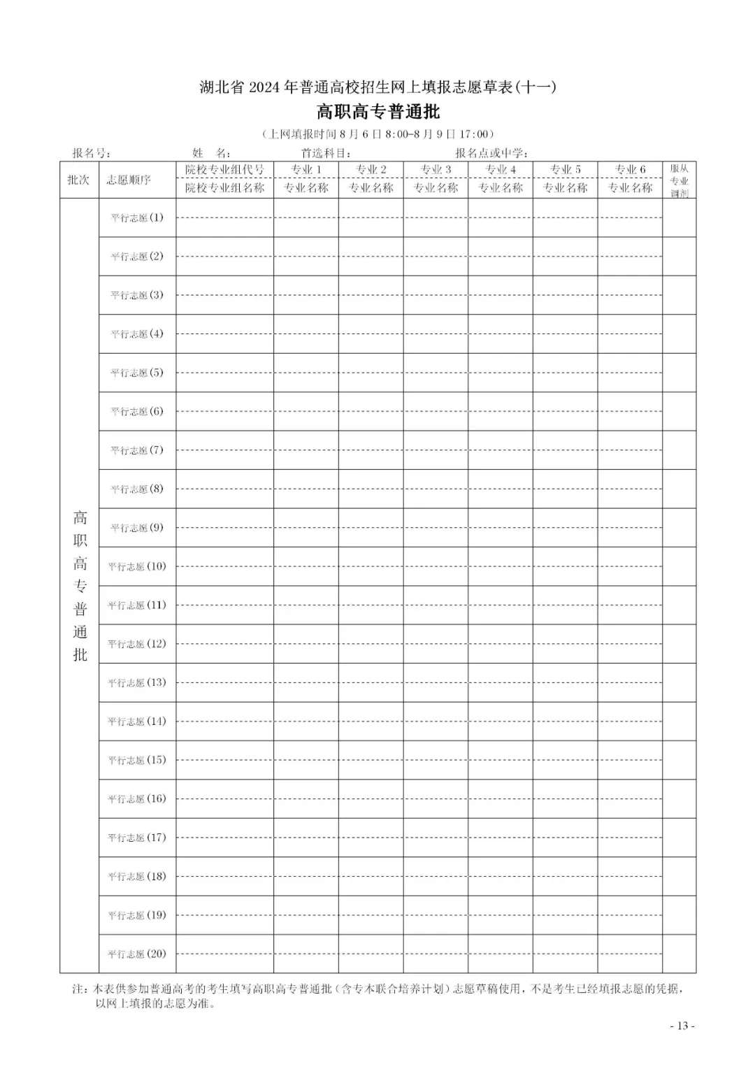 2024年湖北高考志愿表填写样本（附填报时间和入口）