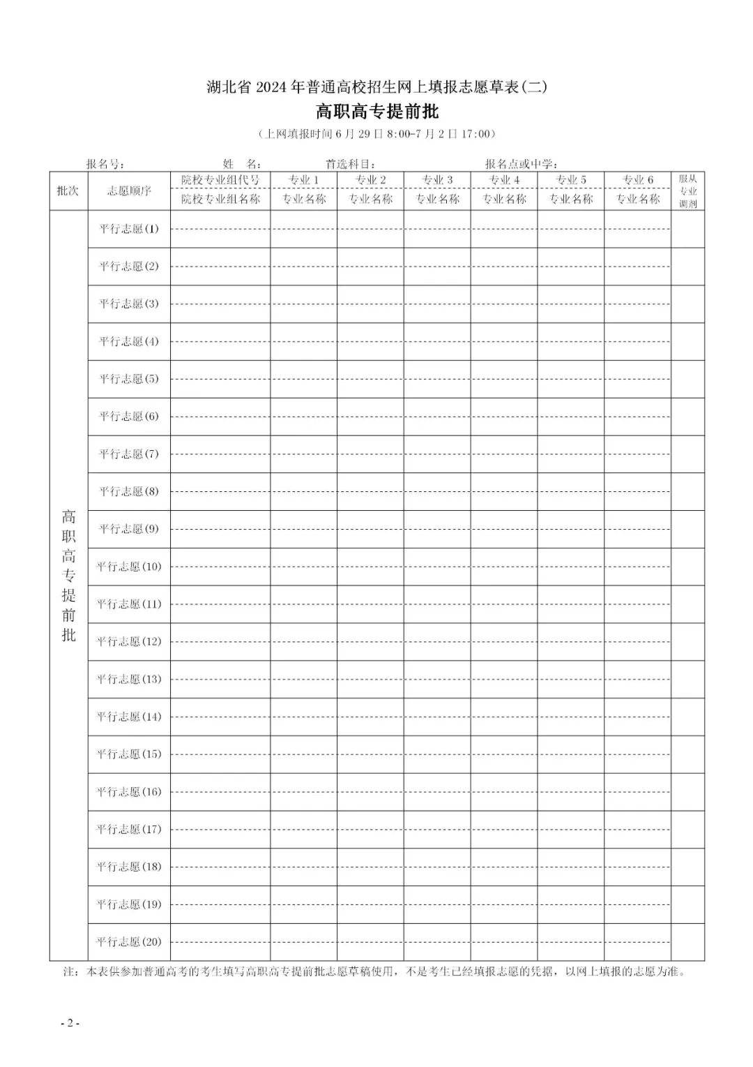 2024年湖北高考志愿表填写样本（附填报时间和入口）