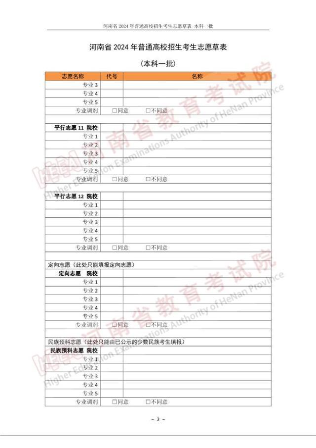 2024年河南高考志愿表填写样本（附填报时间和入口）